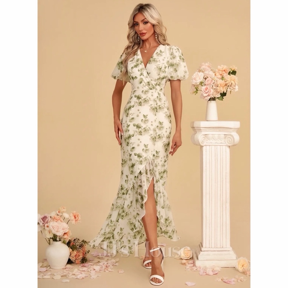 Floral Wrap Midi Dress in Light Green